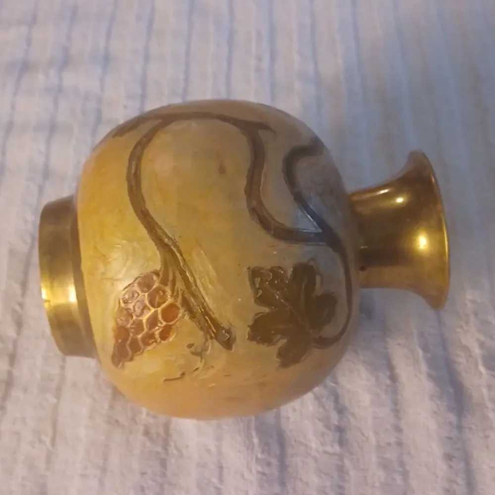 Brass Round Etched Painted Gold Chunky 80,S Gold Floral Rare Painted Vase